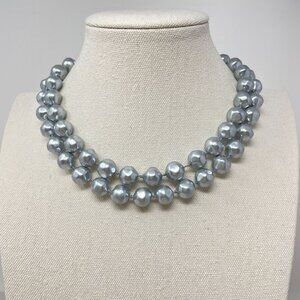 Vintage Marvella Double-Strand Gray Faux Pearl Necklace Gold-Tone‎ Bow Closure